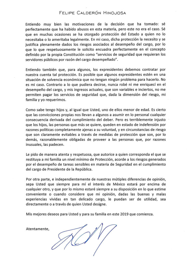 Carta de Felipe Calderón a López Obrador